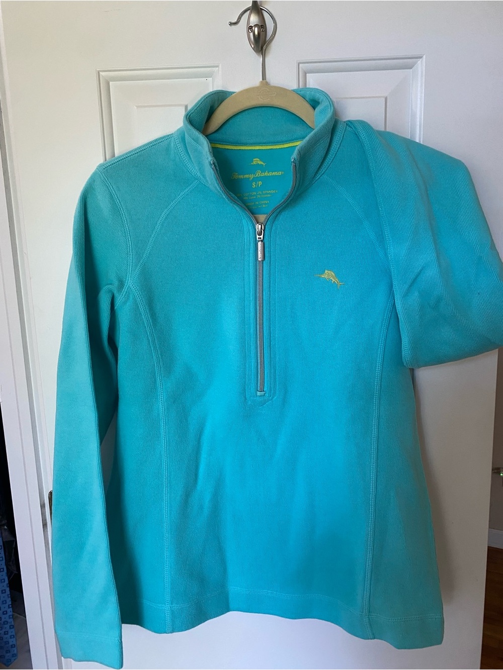 Tommy Bahama Turquoise Quarter-Zip Pullover with Yellow Logo
